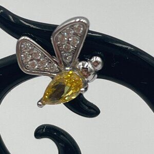 Sterling Silver Bee Stud Earrings With Yellow Gemstone & Clear Crystals